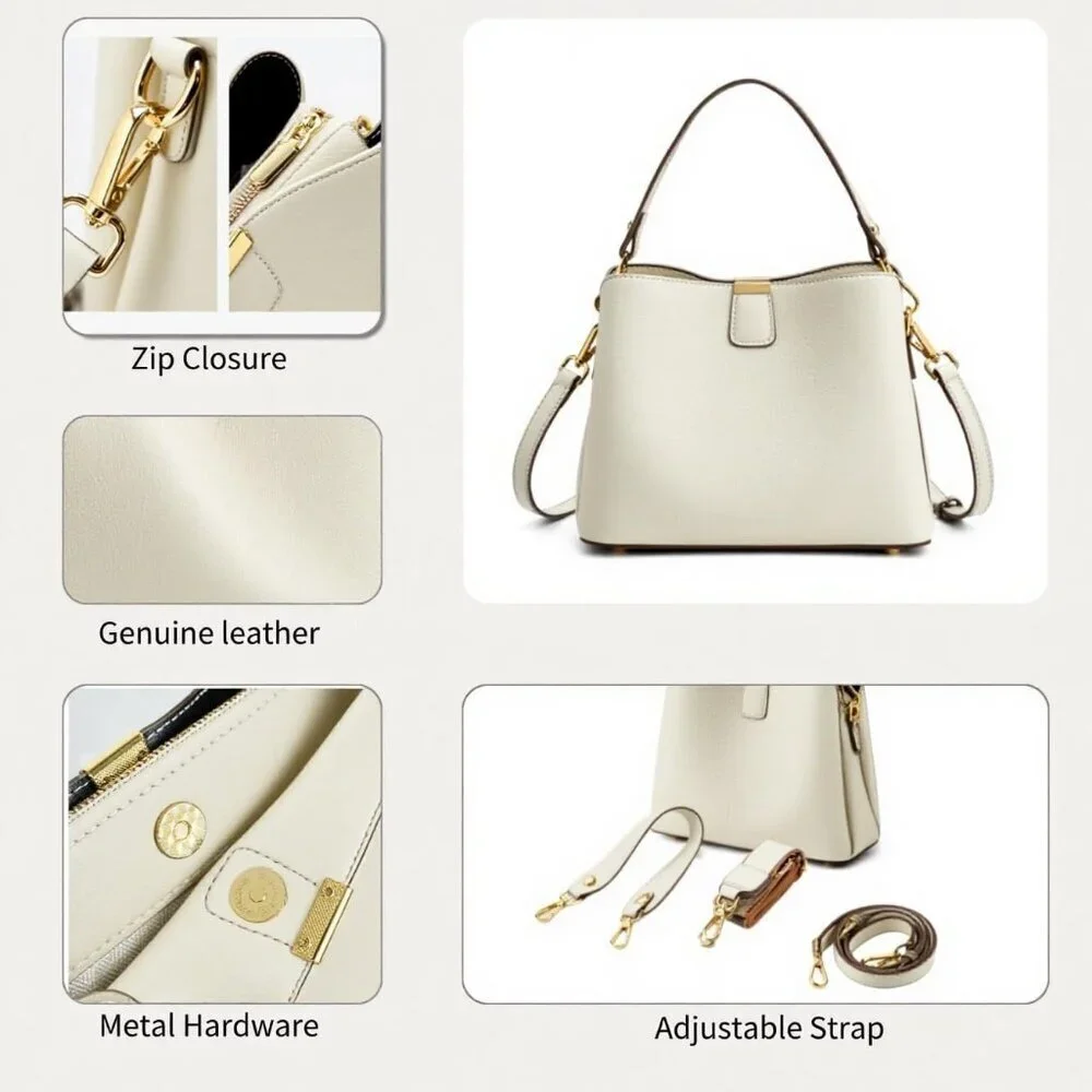 Leather Bucket Bag for Women Crossbody Purse with Detachable Straps